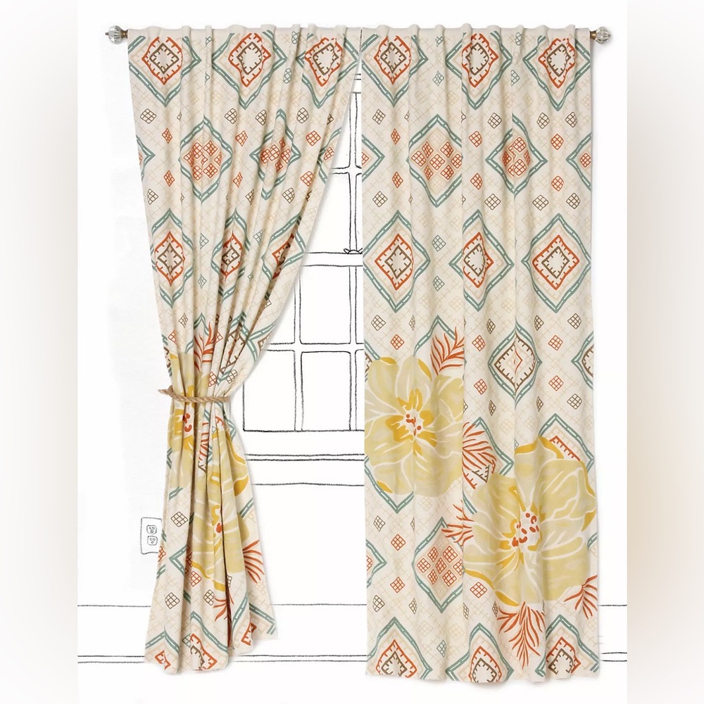 Anthropologie 2 Panels Hibiscus Trellis Curtains Boho Embroidered Floral Design